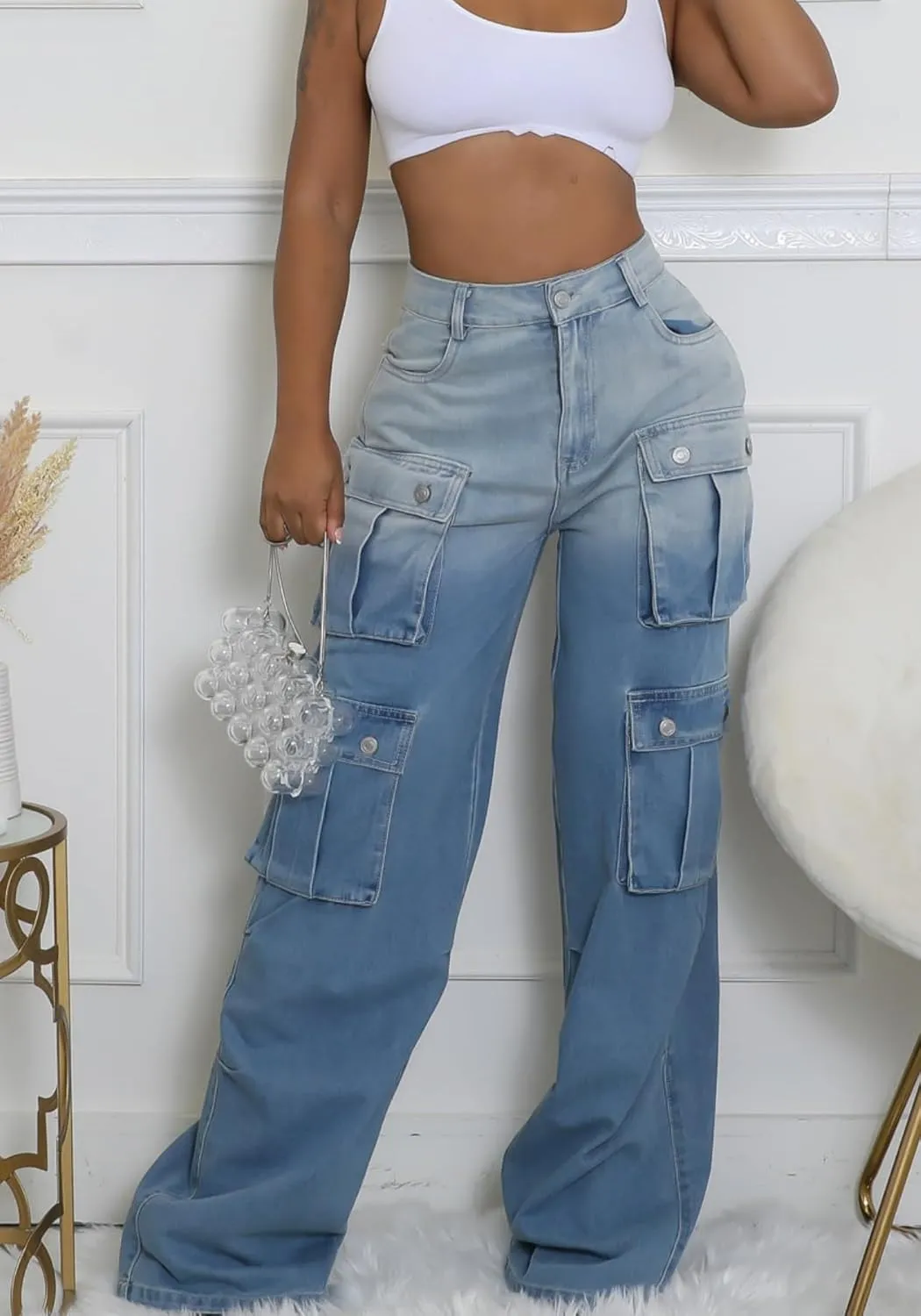 Vaceky Stretch Baggy Jeans Women High Waist Straight Leg Y2K Denim Cargo Pants