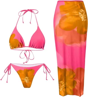 Verdusa Women's 3 Piece Floral Print Bikini Sets Swimsuit with Mesh Maxi Skirt
