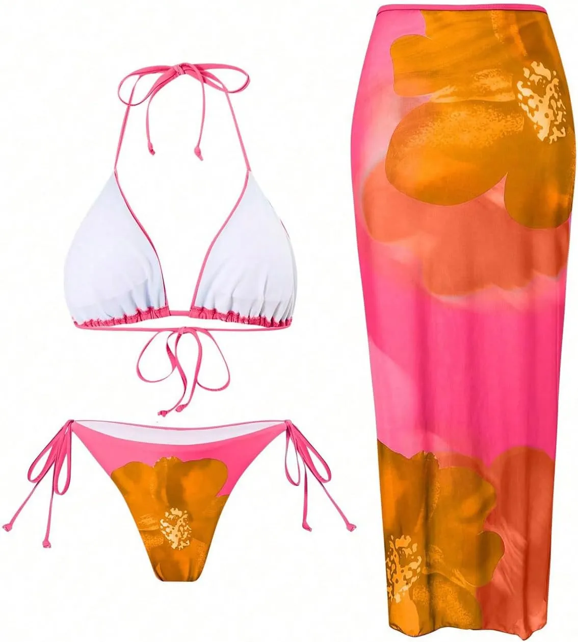 Verdusa Women's 3 Piece Floral Print Bikini Sets Swimsuit with Mesh Maxi Skirt