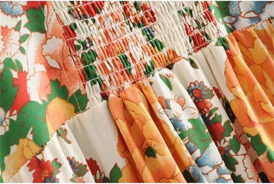 Vintage Women Floral Print Short Sleeve Ruffles Beach Bohemian Mini Dresses Loose Square Collar Rayon Cotton Dress