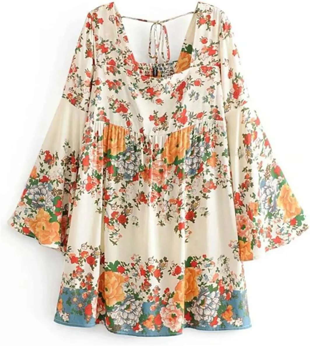 Vintage Women Floral Print Short Sleeve Ruffles Beach Bohemian Mini Dresses Loose Square Collar Rayon Cotton Dress
