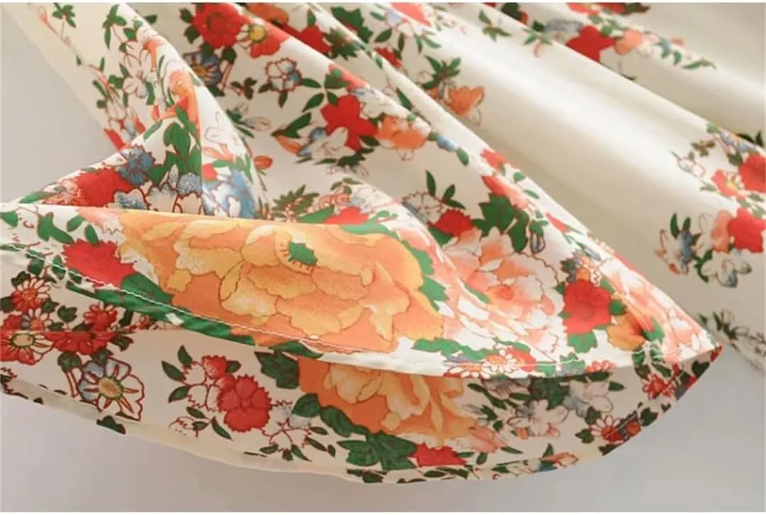Vintage Women Floral Print Short Sleeve Ruffles Beach Bohemian Mini Dresses Loose Square Collar Rayon Cotton Dress