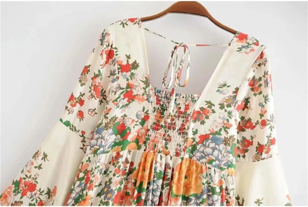 Vintage Women Floral Print Short Sleeve Ruffles Beach Bohemian Mini Dresses Loose Square Collar Rayon Cotton Dress