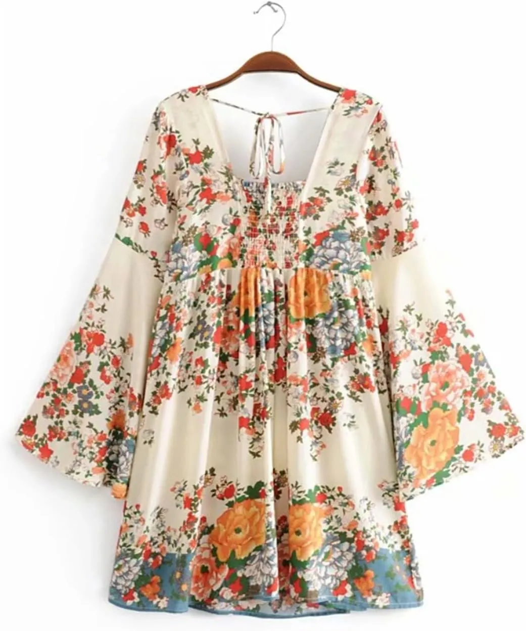 Vintage Women Floral Print Short Sleeve Ruffles Beach Bohemian Mini Dresses Loose Square Collar Rayon Cotton Dress