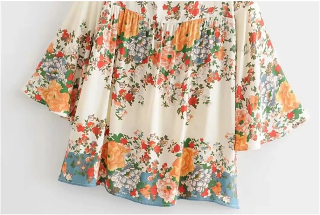 Vintage Women Floral Print Short Sleeve Ruffles Beach Bohemian Mini Dresses Loose Square Collar Rayon Cotton Dress