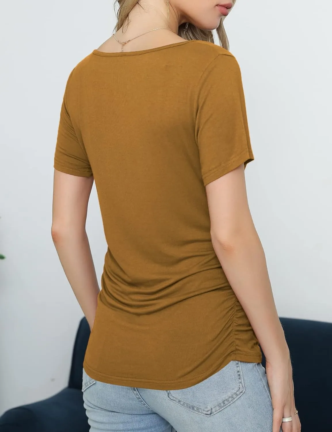 VOIANLIMO Women's Summer Tops Slim Fitted Deep V Neck Cross Wrap Tunic T-Shirt Side ruched Shirring Tees
