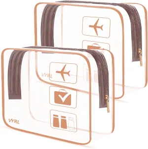 VYRL 2 Pack Clear Makeup Bag - Quart Size 3-1-1 TSA Approved Toiletry Bag with Zipper - Water-Resistant Durable PVC Clear Toiletry Bag for Carry-on Airport Travel Accessories - Rose Gold