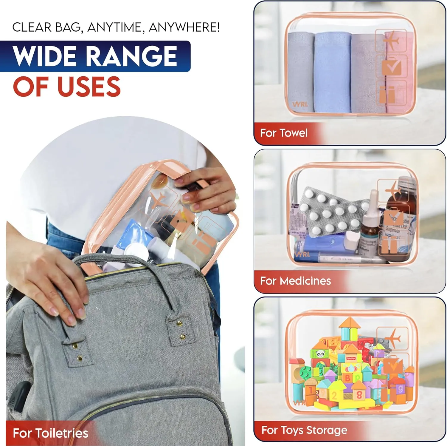 VYRL 2 Pack Clear Makeup Bag - Quart Size 3-1-1 TSA Approved Toiletry Bag with Zipper - Water-Resistant Durable PVC Clear Toiletry Bag for Carry-on Airport Travel Accessories - Rose Gold