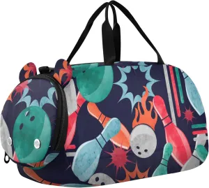 Watercolor Bowling Sports Duffle Bag for Girls Boys, Gym Bag with Shoe Compartment, Kids Travel Overnight Weekender Shoulder Bag