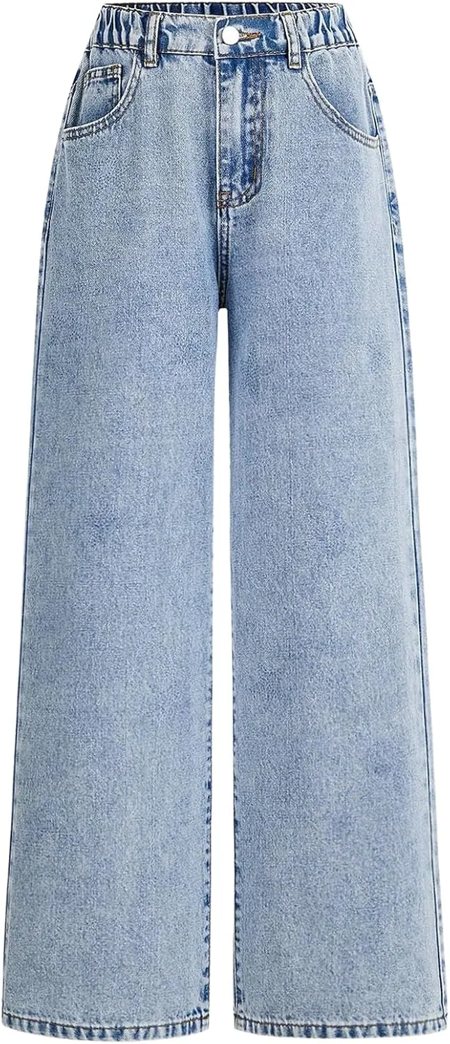 WDIRARA Girl's High Waisted Button Wide Leg Jeans Casual Long Denim Pants with Pocket