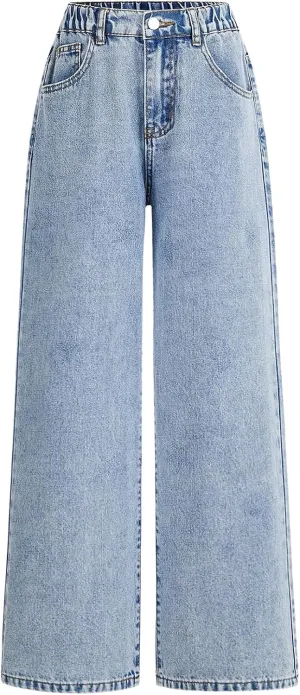 WDIRARA Girl's High Waisted Button Wide Leg Jeans Casual Long Denim Pants with Pocket
