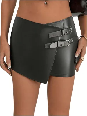 WDIRARA Women's PU Leather Wrap Mini Skorts Low Rise Metal Buckle Asymmetrical Hem Skirt Shorts