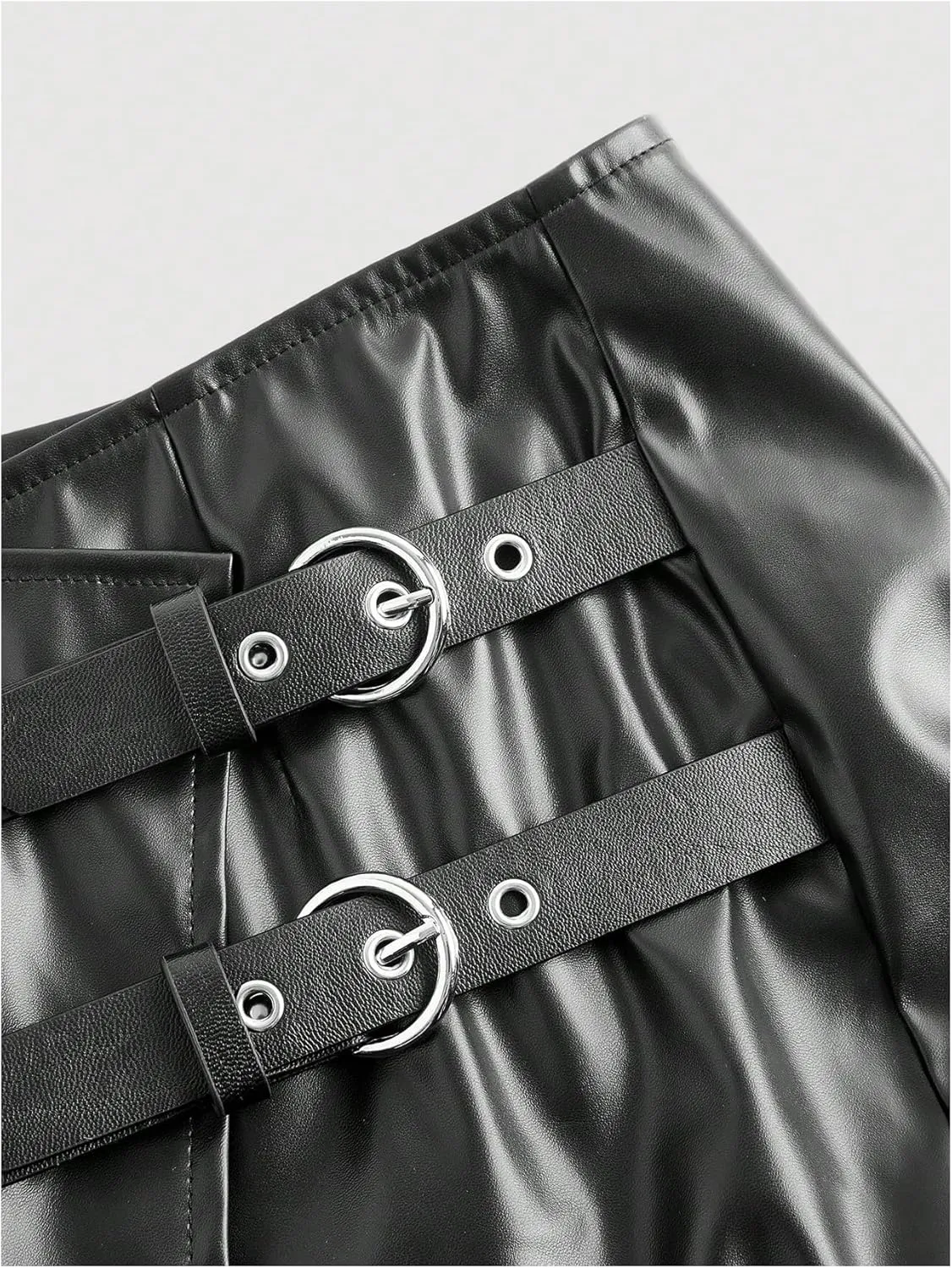 WDIRARA Women's PU Leather Wrap Mini Skorts Low Rise Metal Buckle Asymmetrical Hem Skirt Shorts
