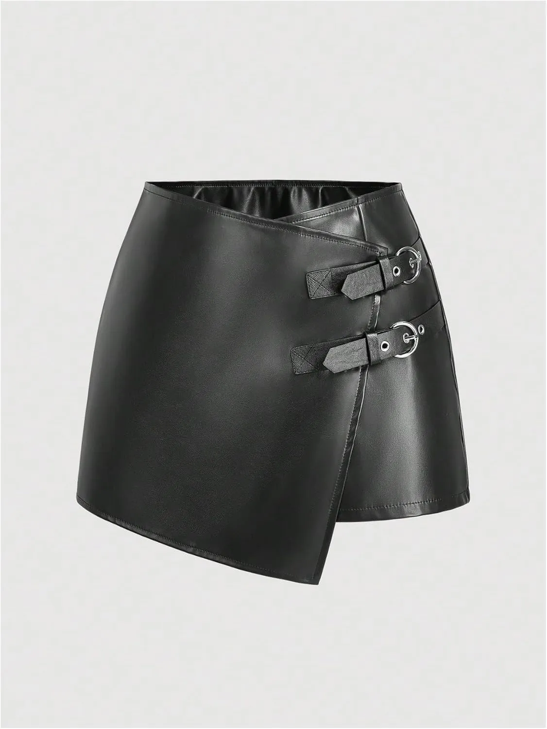 WDIRARA Women's PU Leather Wrap Mini Skorts Low Rise Metal Buckle Asymmetrical Hem Skirt Shorts