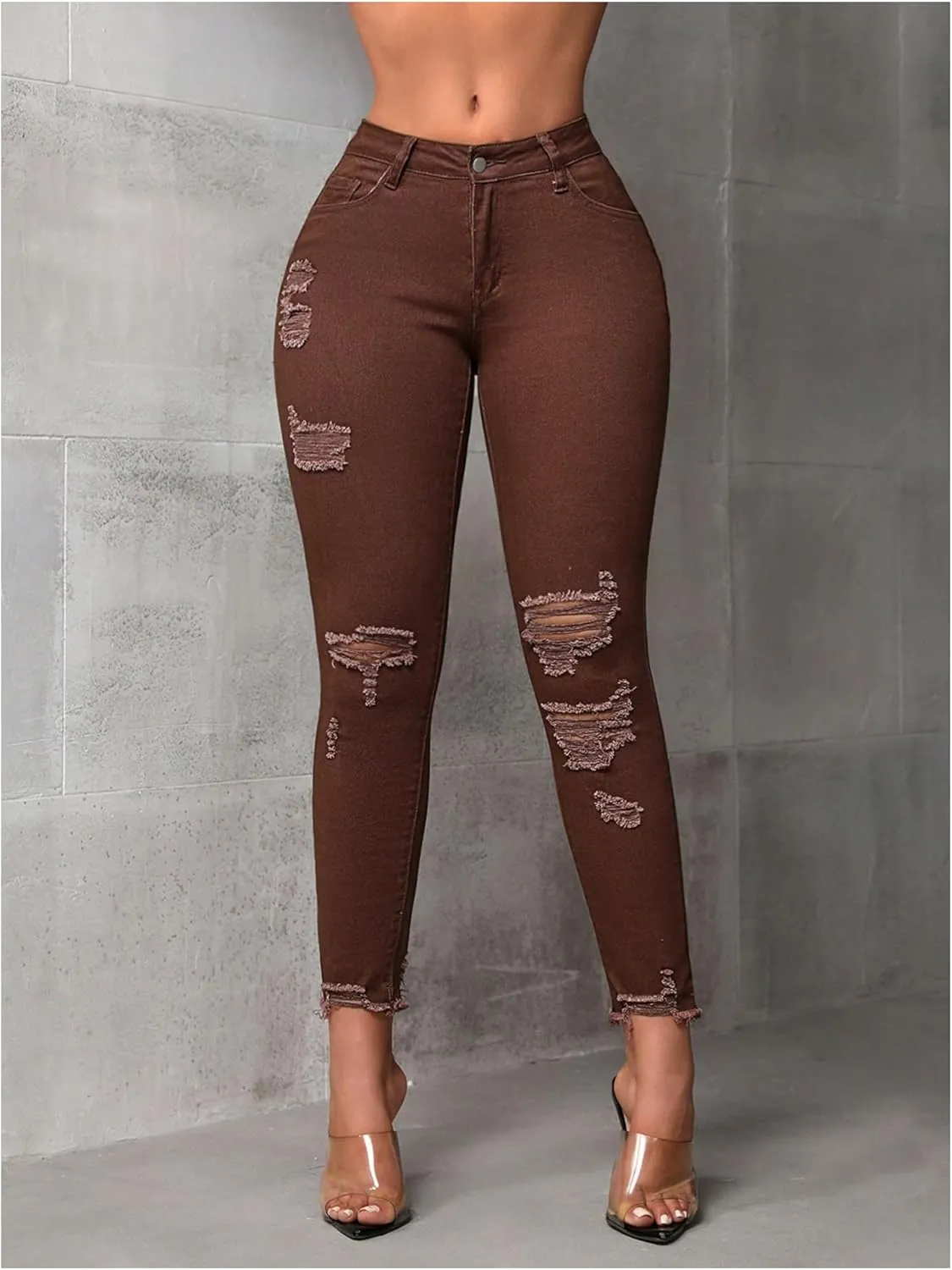 WDIRARA Women's Ripped Distressed Frayed Skinny Jeans Stretch Denim Pants