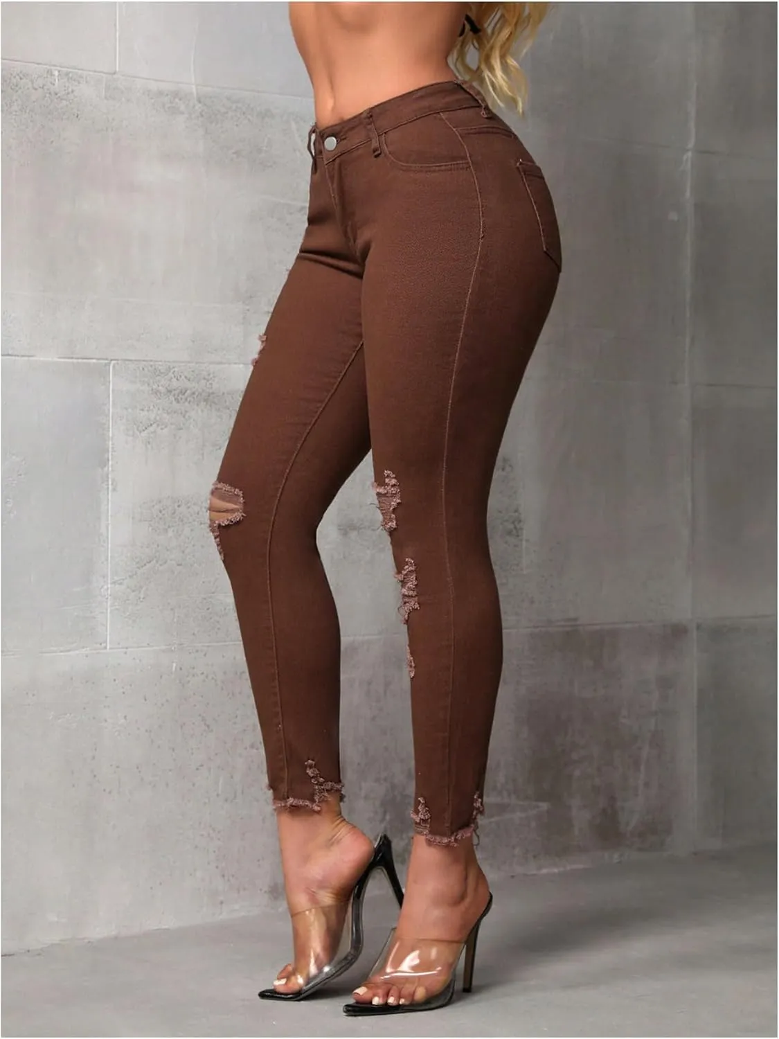 WDIRARA Women's Ripped Distressed Frayed Skinny Jeans Stretch Denim Pants