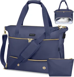 Weekender Overnight Bag for Women, Large Travel Duffel with Shoe Compartment, Wet Pocket, USB Charging Port, Carry-On Gym Tote Bag (Dark Blue)