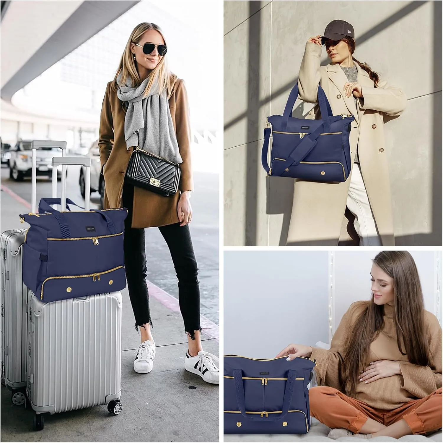Weekender Overnight Bag for Women, Large Travel Duffel with Shoe Compartment, Wet Pocket, USB Charging Port, Carry-On Gym Tote Bag (Dark Blue)
