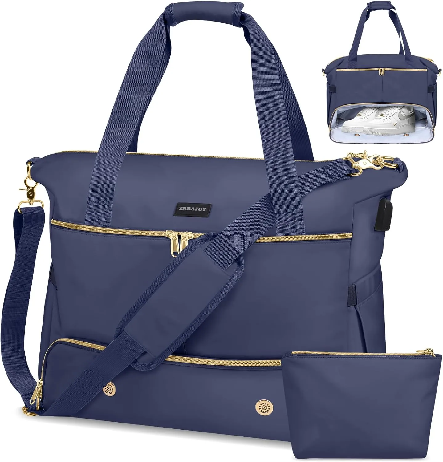 Weekender Overnight Bag for Women, Large Travel Duffel with Shoe Compartment, Wet Pocket, USB Charging Port, Carry-On Gym Tote Bag (Dark Blue)