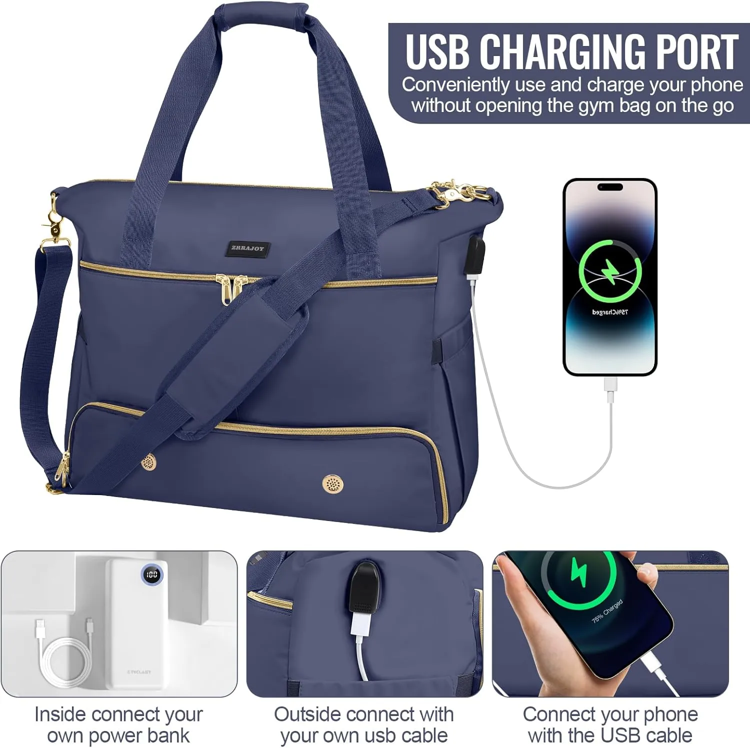Weekender Overnight Bag for Women, Large Travel Duffel with Shoe Compartment, Wet Pocket, USB Charging Port, Carry-On Gym Tote Bag (Dark Blue)