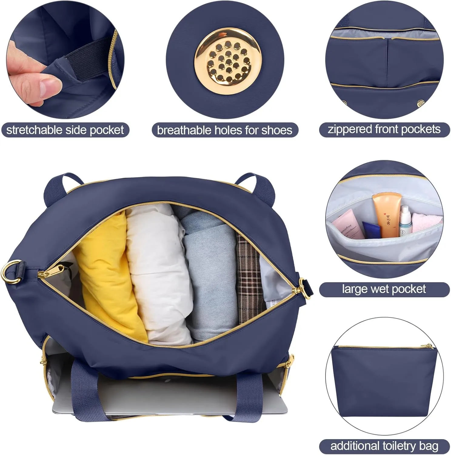 Weekender Overnight Bag for Women, Large Travel Duffel with Shoe Compartment, Wet Pocket, USB Charging Port, Carry-On Gym Tote Bag (Dark Blue)