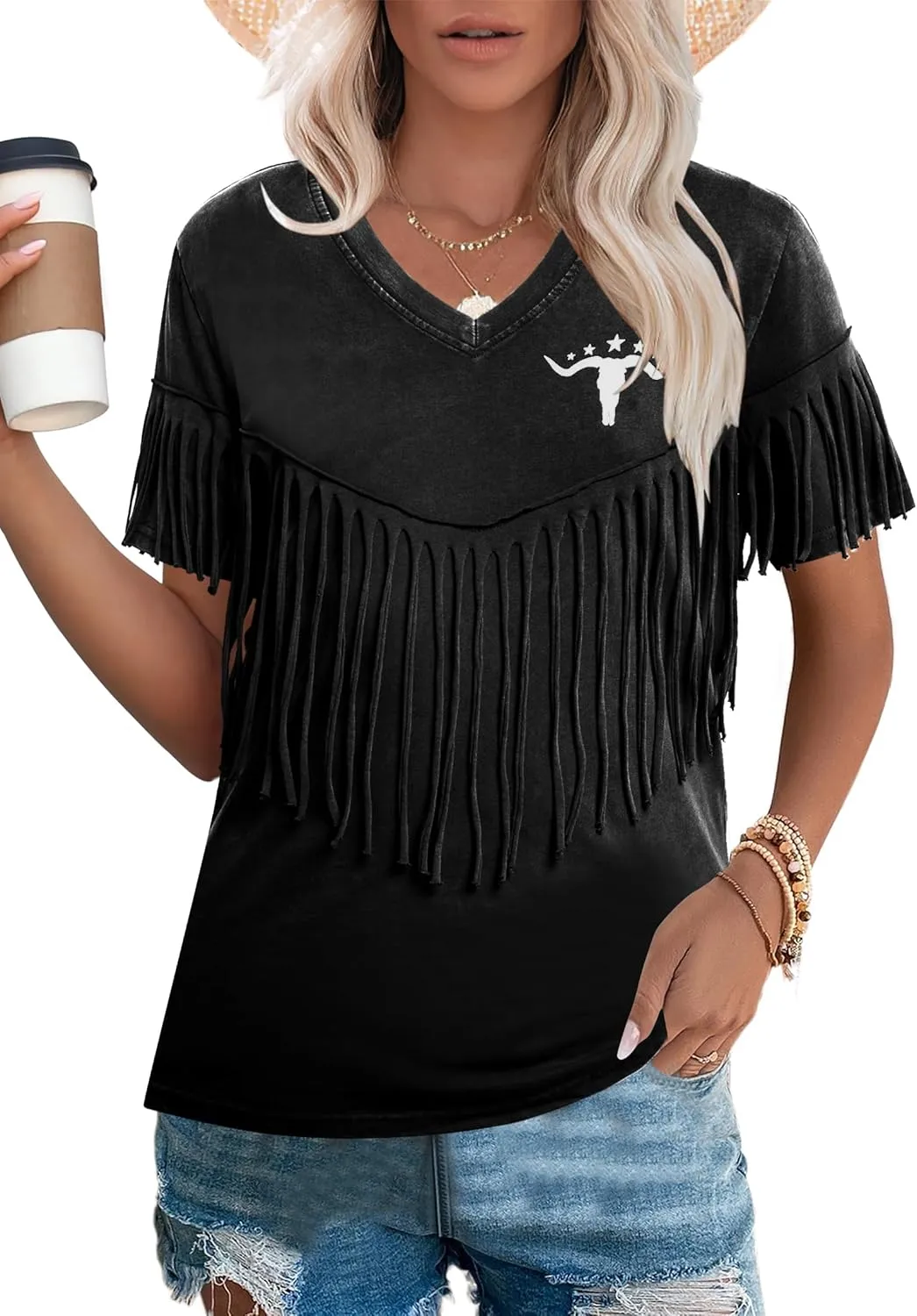 Western Vintage Shirt Cowgirl Outfit: Women Fringe Graphic Tees Rodeo Short Sleeve Tshirt Summer Vacation V Neck Tops