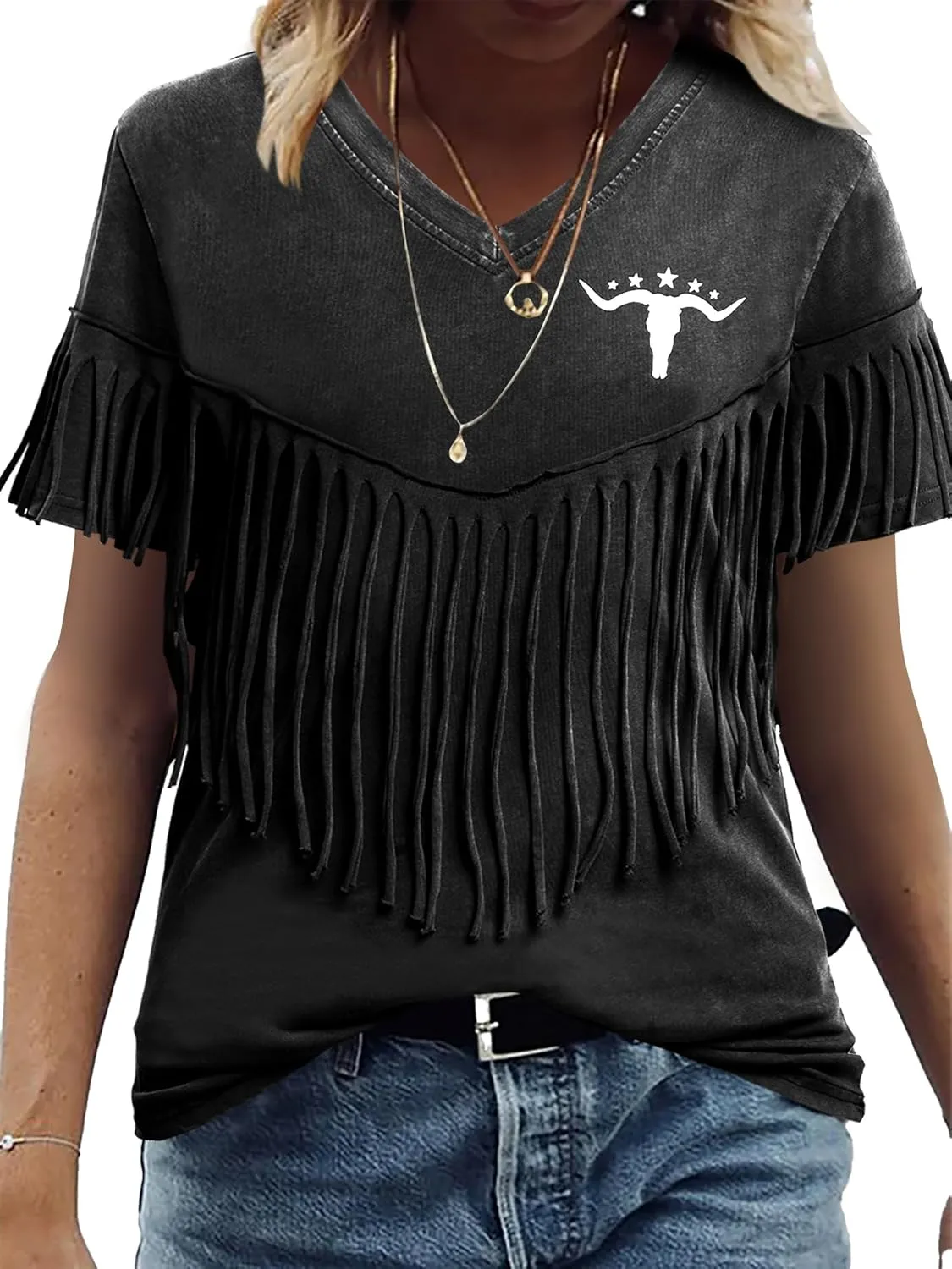 Western Vintage Shirt Cowgirl Outfit: Women Fringe Graphic Tees Rodeo Short Sleeve Tshirt Summer Vacation V Neck Tops