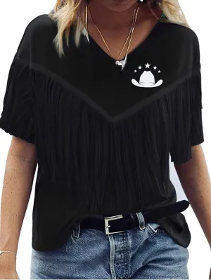 Western Vintage Shirt Cowgirl Outfit: Women Fringe Graphic Tees Rodeo Short Sleeve Tshirt Summer Vacation V Neck Tops