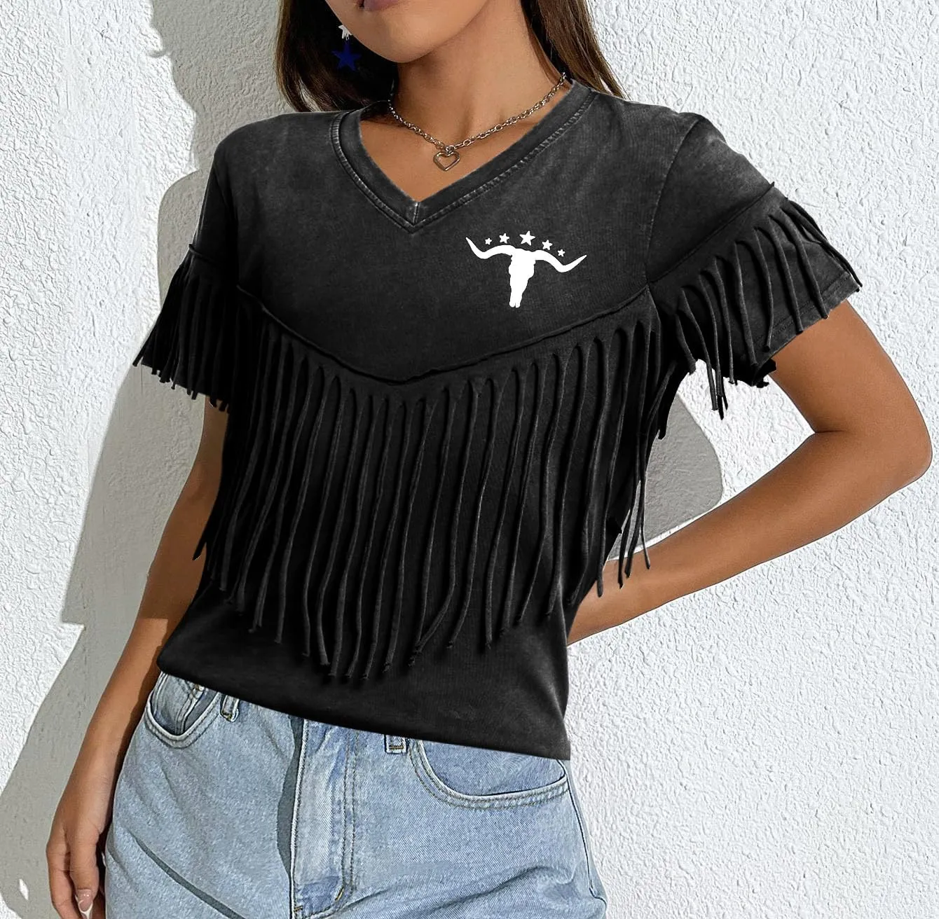Western Vintage Shirt Cowgirl Outfit: Women Fringe Graphic Tees Rodeo Short Sleeve Tshirt Summer Vacation V Neck Tops