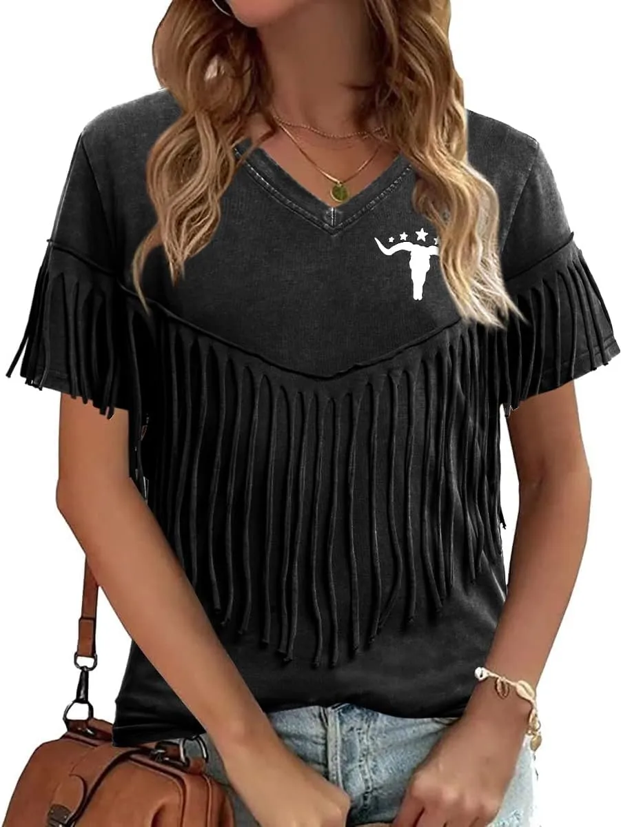 Western Vintage Shirt Cowgirl Outfit: Women Fringe Graphic Tees Rodeo Short Sleeve Tshirt Summer Vacation V Neck Tops
