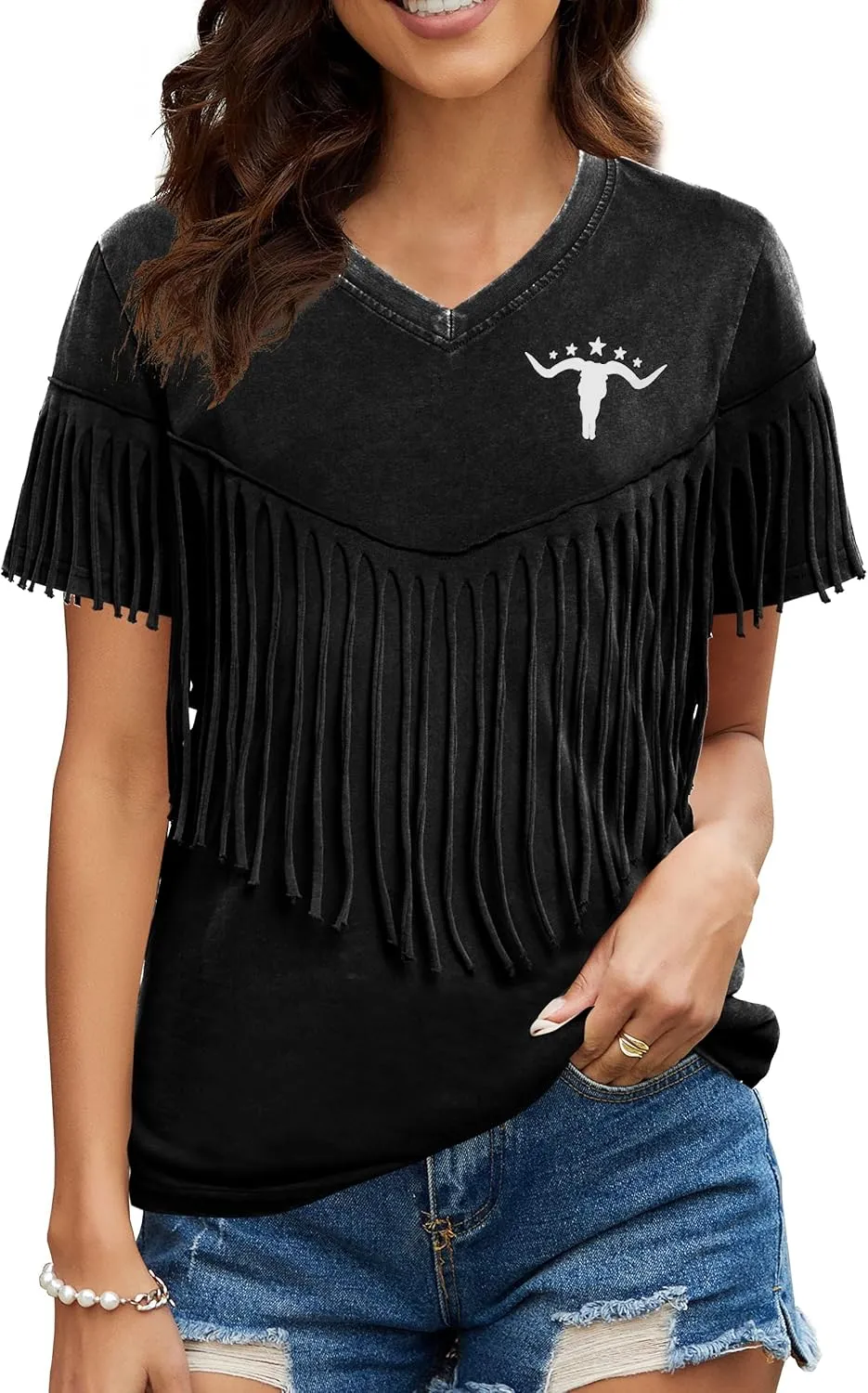 Western Vintage Shirt Cowgirl Outfit: Women Fringe Graphic Tees Rodeo Short Sleeve Tshirt Summer Vacation V Neck Tops