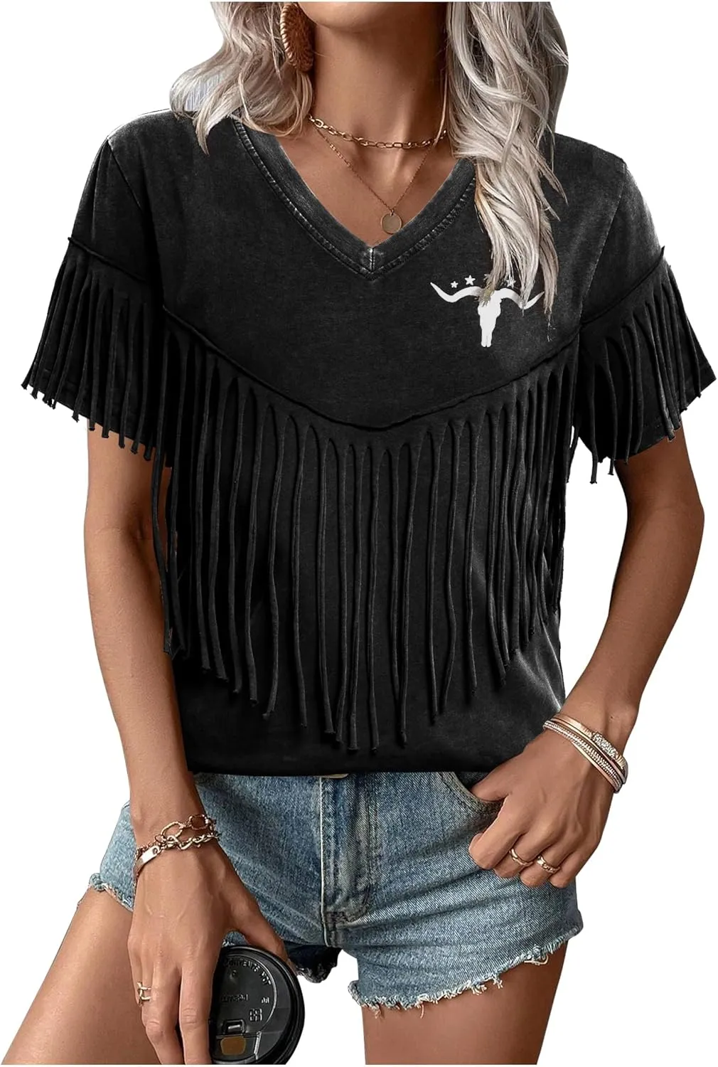 Western Vintage Shirt Cowgirl Outfit: Women Fringe Graphic Tees Rodeo Short Sleeve Tshirt Summer Vacation V Neck Tops
