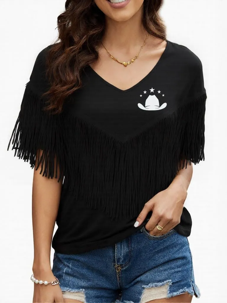 Western Vintage Shirt Cowgirl Outfit: Women Fringe Graphic Tees Rodeo Short Sleeve Tshirt Summer Vacation V Neck Tops