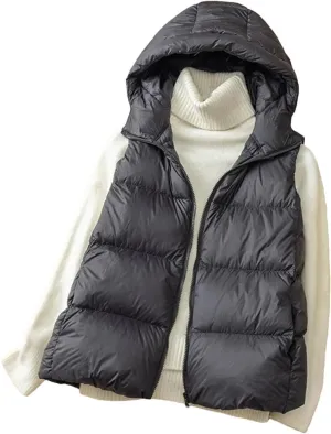 Winter Duck Down Jacket Women Short Warm Thick Hooded Vest Slim Quilted Sleeveless Waistcoat
