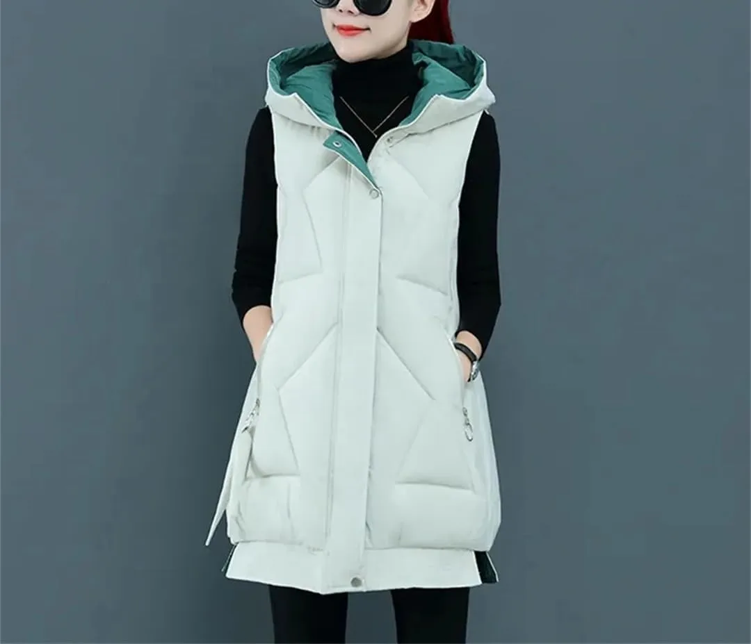 Winter Women Sleeveless Waistcoat Long Hooded Cotton Padded Warm Vest Casual Outwear