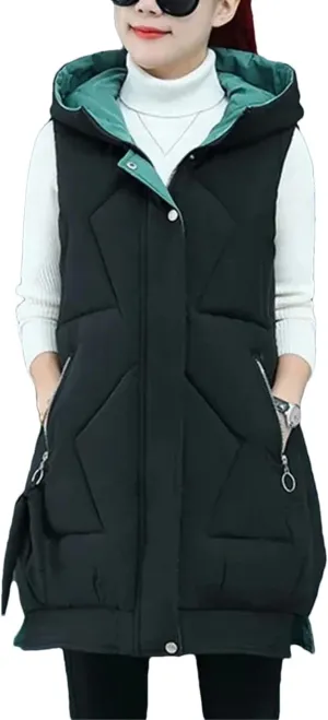 Winter Women Sleeveless Waistcoat Long Hooded Cotton Padded Warm Vest Casual Outwear