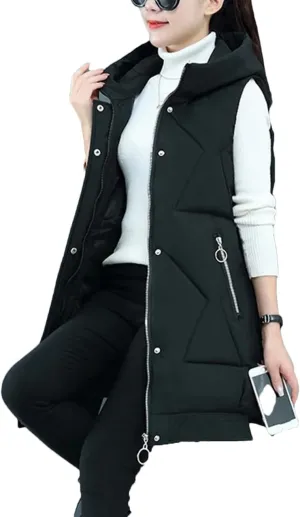 Winter Women Sleeveless Waistcoat Long Hooded Cotton Padded Warm Vest Casual Outwear