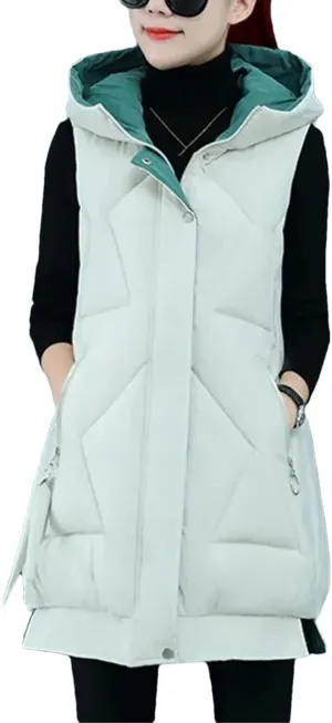 Winter Women Sleeveless Waistcoat Long Hooded Cotton Padded Warm Vest Casual Outwear