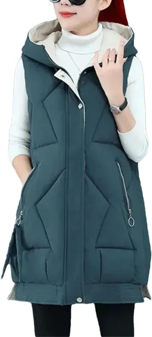 Winter Women Sleeveless Waistcoat Long Hooded Cotton Padded Warm Vest Casual Outwear