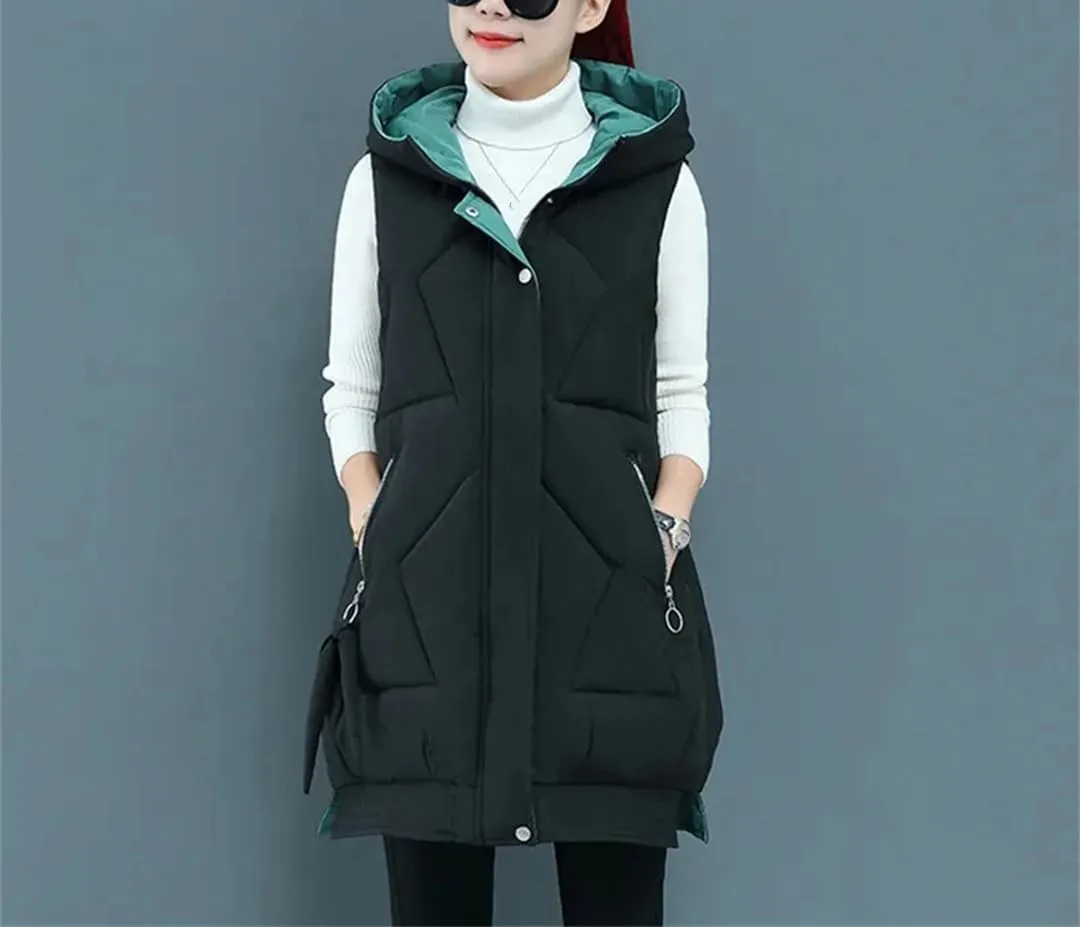 Winter Women Sleeveless Waistcoat Long Hooded Cotton Padded Warm Vest Casual Outwear
