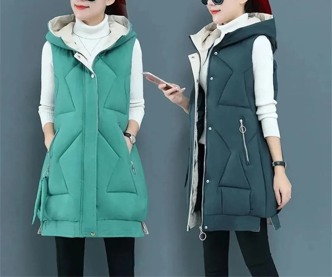 Winter Women Sleeveless Waistcoat Long Hooded Cotton Padded Warm Vest Casual Outwear