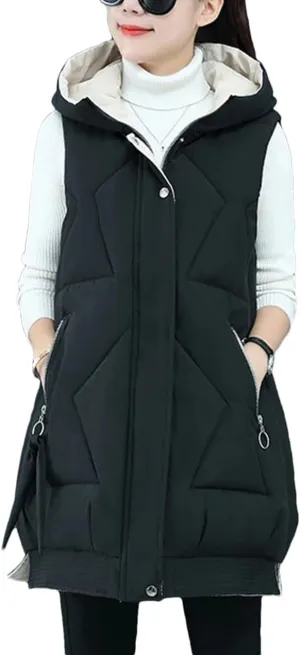 Winter Women Sleeveless Waistcoat Long Hooded Cotton Padded Warm Vest Casual Outwear