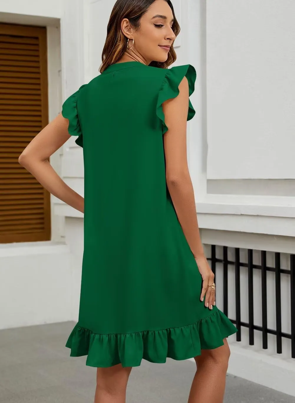 Wkior Summer Dresses for Women 2025 Casual V Neck Cap Sleeve Ruffled Hem T-Shirt Dress Flowy Swing Smock Mini Sundress