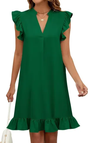 Wkior Summer Dresses for Women 2025 Casual V Neck Cap Sleeve Ruffled Hem T-Shirt Dress Flowy Swing Smock Mini Sundress