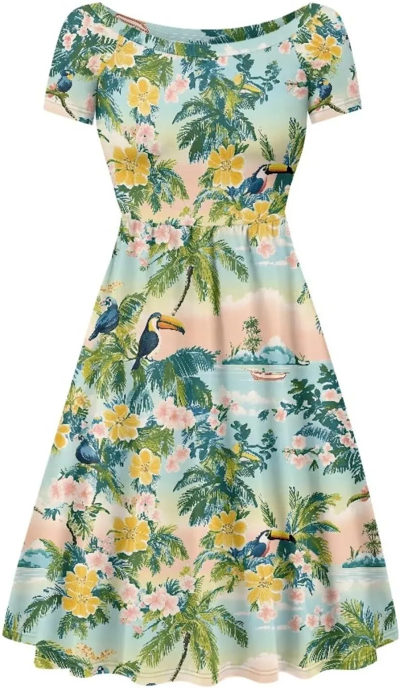 Women 2024 Casual Summer Dresses Spring Short Sleeve Casual Loose Swing Beach Sundress
