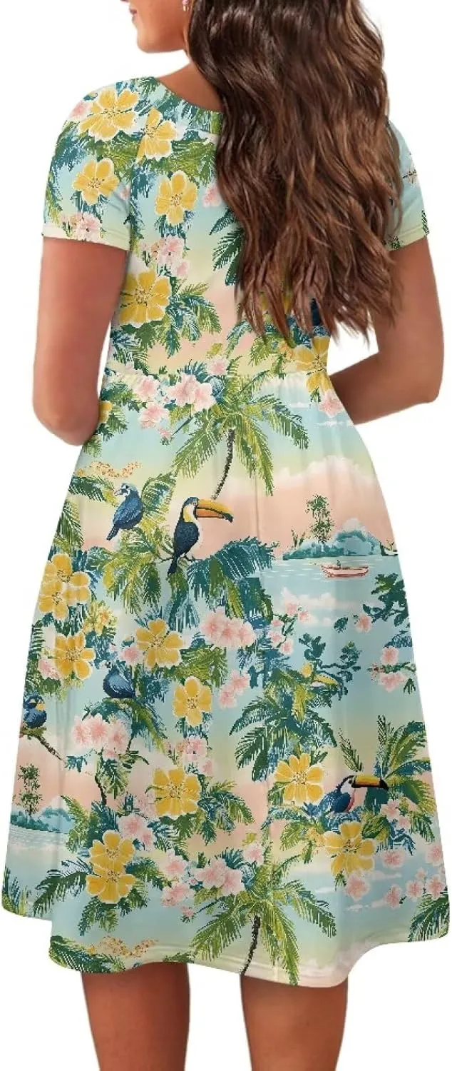 Women 2024 Casual Summer Dresses Spring Short Sleeve Casual Loose Swing Beach Sundress