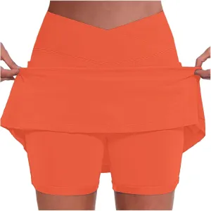Women Athletic Tennis Skorts with Pockets 2 in 1 Golf Skirt Crossover High Waisted Sports Skorts Built-in Shorts