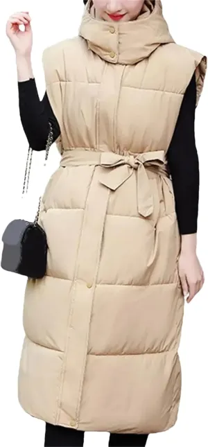 Women Autumn Winter Cotton Padded Vest Coat Long Down Waistcoat Windproof Hooded Warm Snow Outwear