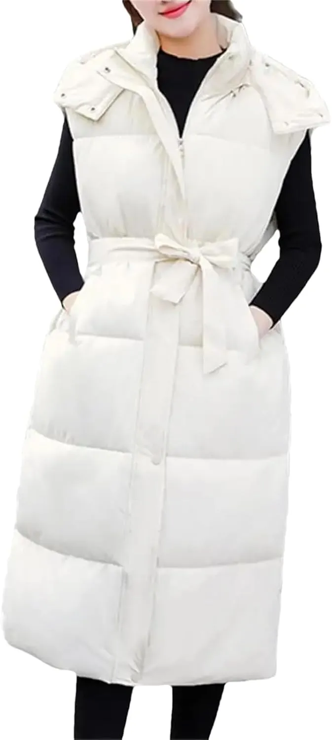 Women Autumn Winter Cotton Padded Vest Coat Long Down Waistcoat Windproof Hooded Warm Snow Outwear