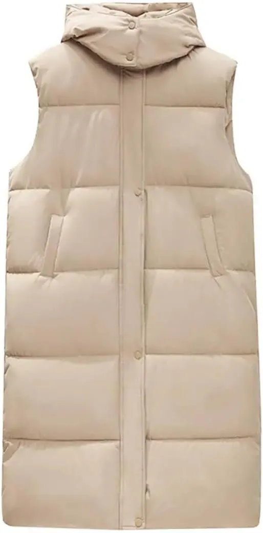 Women Autumn Winter Cotton Padded Vest Coat Long Down Waistcoat Windproof Hooded Warm Snow Outwear